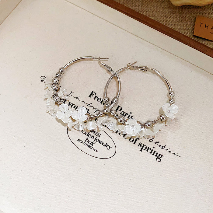 Clear Flower Beaded Large Hoop Earrings in Gold and Silver Tones