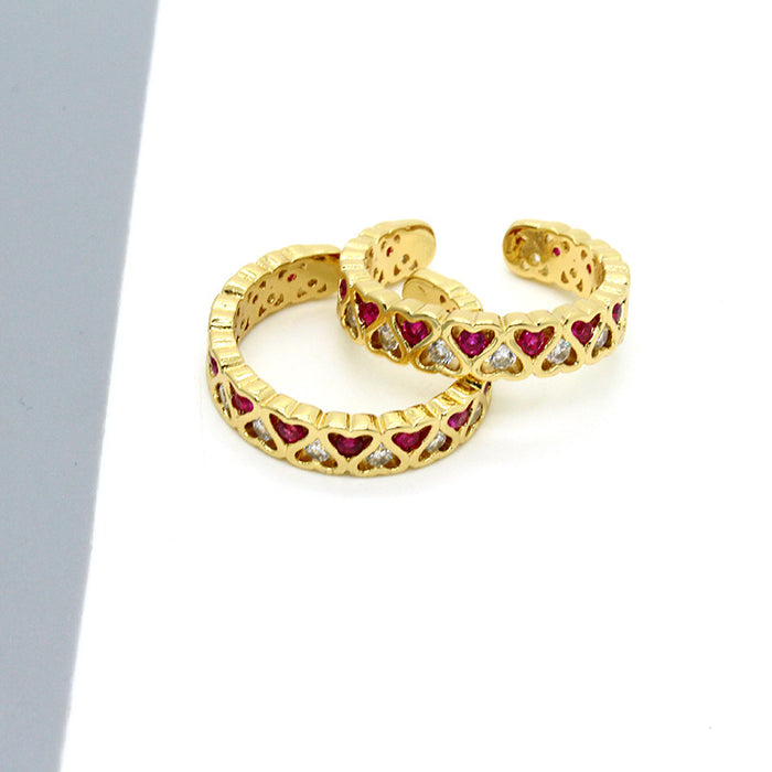 Gold Tone Red and Clear Crystal Heart Adjustable Open Ring