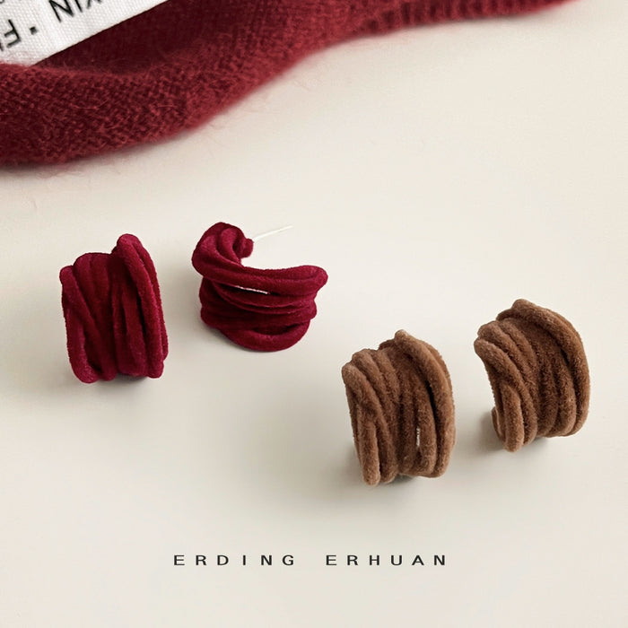 Flocked Geometric Half-Hoop Stud Earrings Wine and Brown