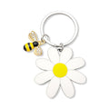 White Daisy Wood Flower Bee Rhinestone Keychain Silver Ring view 5
