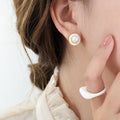 Pearl Center White Enamel Disc Stud Earrings Gold Rim view 4