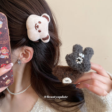 Plush Bear Face Duckbill Hair Clips Brown And Cream