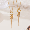 Gold Stainless Steel Key Ring Heart Zircon Cross Tassel Necklace view 1