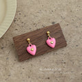 Gold Ball Stud Enamel Heart Drop Earrings Green Pink view 4