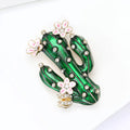 Gold Tone Green Enamel Cactus Brooch Flower Rhinestone Pin view 4