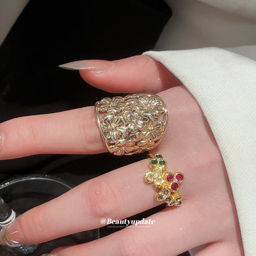 Gold Flower Open Rings Multicolor Gem and Embossed