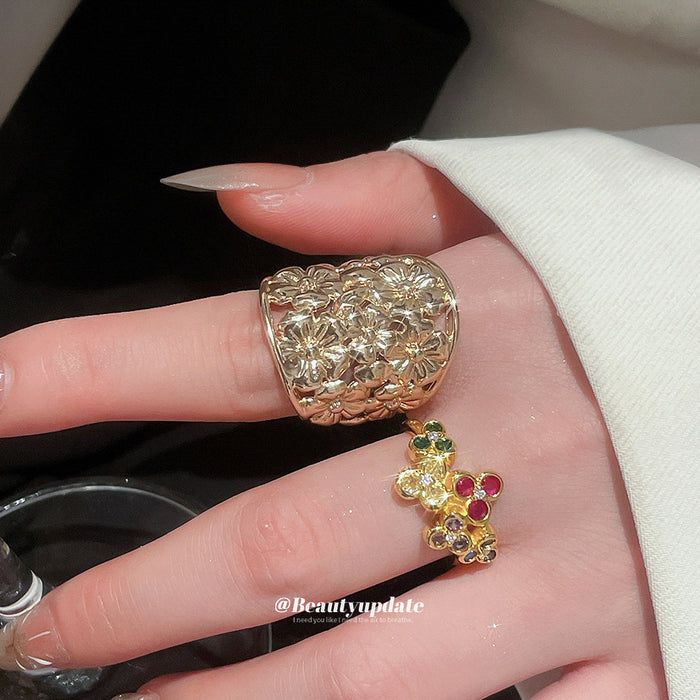 Gold Flower Open Rings Multicolor Gem and Embossed