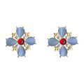 Gold Tone Blue Petal Red Center Flower Earrings In Clip And Stud Styles view 5