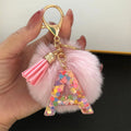 Pink Faux Fur Pompom Letter Charm Keychain with Confetti Resin view 6