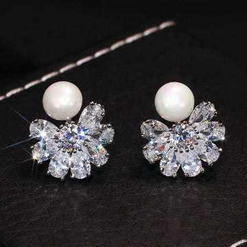 White Gold Tone Pearl Flower Crystal Snowflake Stud Earrings