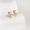 Gold Tone Pink Edged White Rose And Green Leaf Stud Earrings view 3