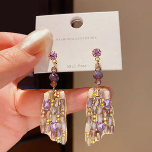 Purple Rectangular Crystal Drop Earrings with Reflective Details