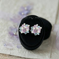 Gold Tone Pastel Blue Purple Flower And Pearl Cluster Stud Earrings view 4