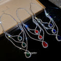 Silver Three Layer Rhinestone Triple Teardrop Gem Necklace view 4
