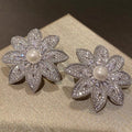 Pearl Center Crystal Flower Statement Stud Earrings view 2
