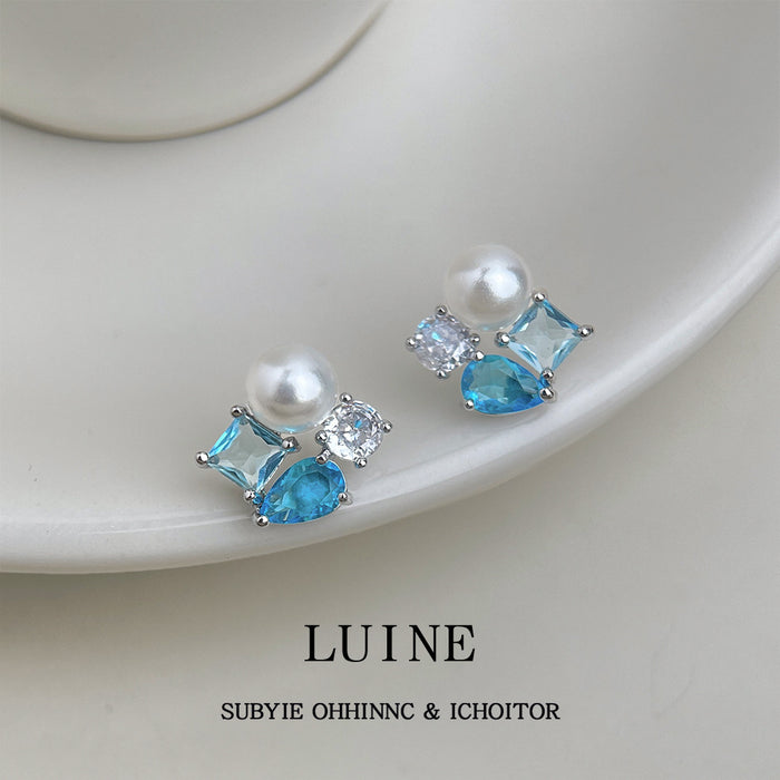 Silver Tone White Pearl Aqua And Clear Faceted Stone Cluster Stud Earrings