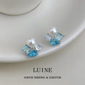 Silver-Tone Pearl Aqua Blue Geometric Cluster Stud Earrings view 1