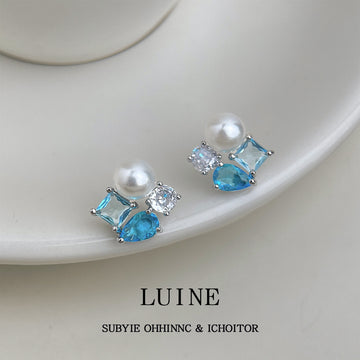 Silver-Tone Pearl Aqua Blue Geometric Cluster Stud Earrings