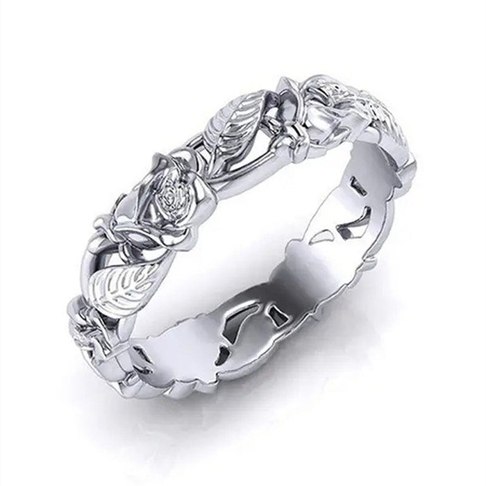 Rose Leaf Openwork Band Ring Gold Silver Black Sizes 5-12