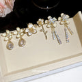 Gold Tone White Flower Crystal Tassel Stud Earrings Three Styles view 2