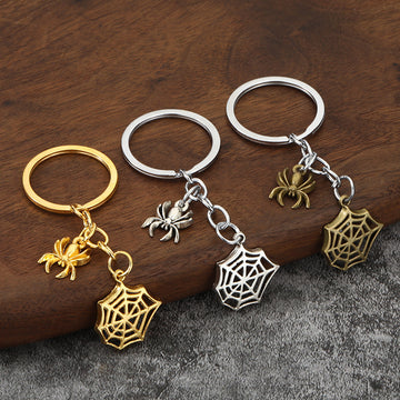 Metal Spider And Spiderweb Charm Keychain In Three Color Finishes