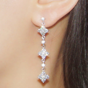 Long Diamond Shape Crystal Drop Earrings in Silver Tone