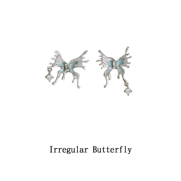 Silver Irregular Ice Blue Butterfly Crystal Drop Studs