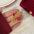 Red Stone Gold Lattice Mismatched Dangle Stud Earrings view 2