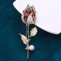 Purple Crystal Rosebud Brooch With Clear Leaves and White Pearl view 3