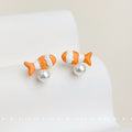Orange White Enamel Clownfish Stud Earrings With Pearl view 3
