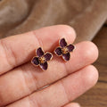 Burgundy Four Petal Flower Gold Tone Stud Earrings view 2