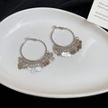 Silver Tone Hoop Earrings with Layered Disc Fringe view 1