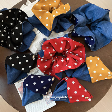 Polka Dot Denim Double Layer Oversized Hair Scrunchies