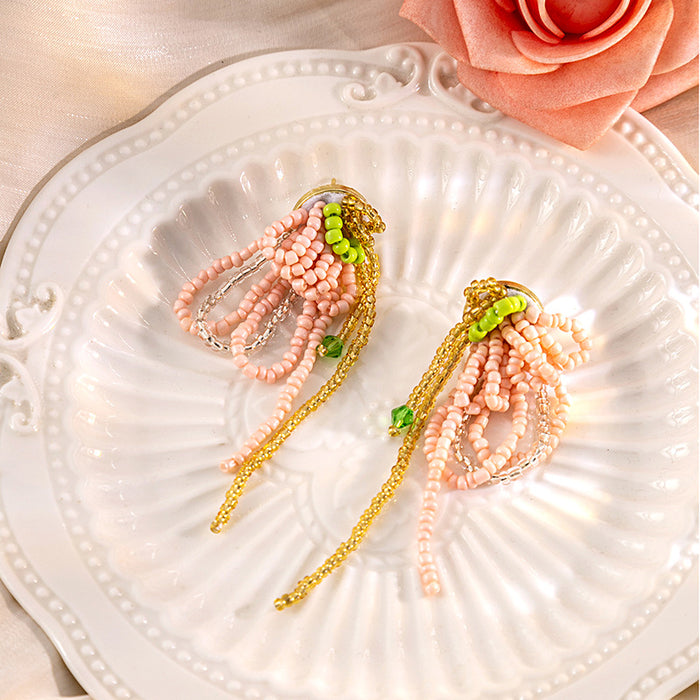 Pink Seed Bead Flower Tassel Drop Earrings Gold Accents