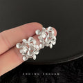 Silver Tone Open Flower Cluster Sculpted Stud Earrings For Women view 4
