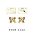 Gold Enamel Bow Stud Earrings Pearl Crystal Ginkgo view 3