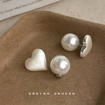 Matte Brushed Silver Heart Pearl Dual Wear Stud Earrings