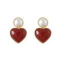 Gold Pearl Stud Red Heart Drop Earrings Twisted Rim view 5