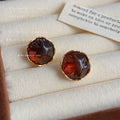 Gold Rim Brown Resin Round Geometric Stud Earrings Pair view 1
