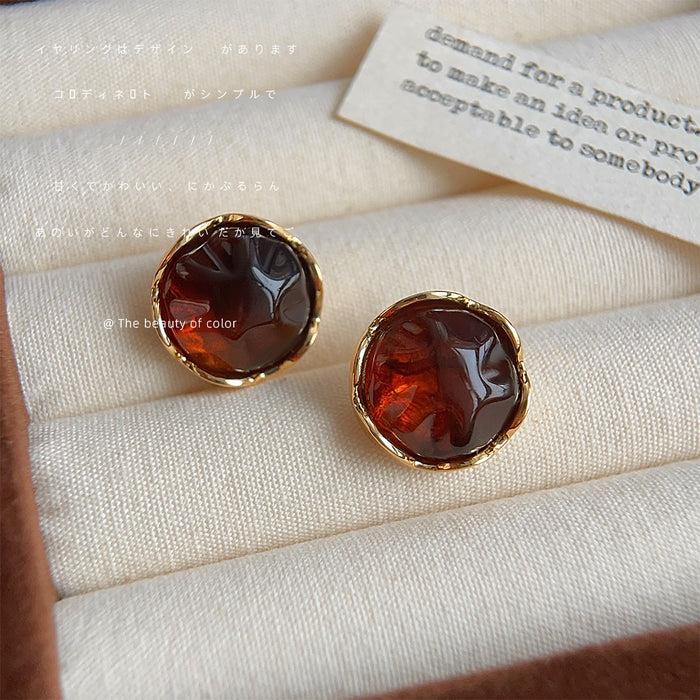 Gold Rim Brown Resin Round Geometric Stud Earrings Pair