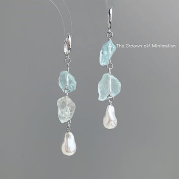 Silver Tone Blue Crystal And White Pearl Long Drop Earrings