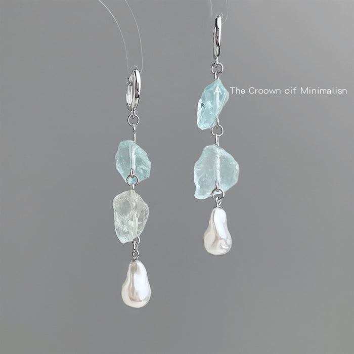 Silver Tone Blue Crystal And White Pearl Long Drop Earrings