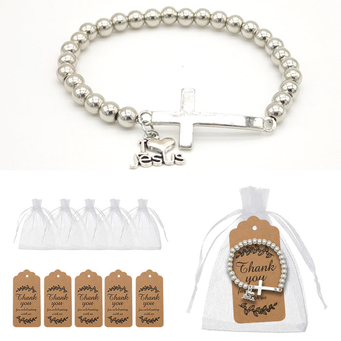 Silver Bead Cross I Love Jesus Stretch Bracelet Charm
