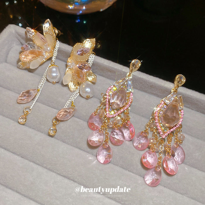 Gold Tone Butterfly And Pearl Tassel Drop Earrings