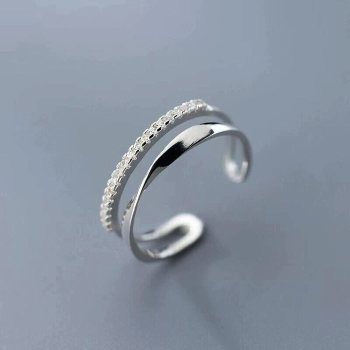 Silver Open Adjustable Double Band Clear CZ Fashion Ring