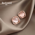 Rose Gold Tone Square Pink Cat Eye Clear Halo Stud Earrings view 4
