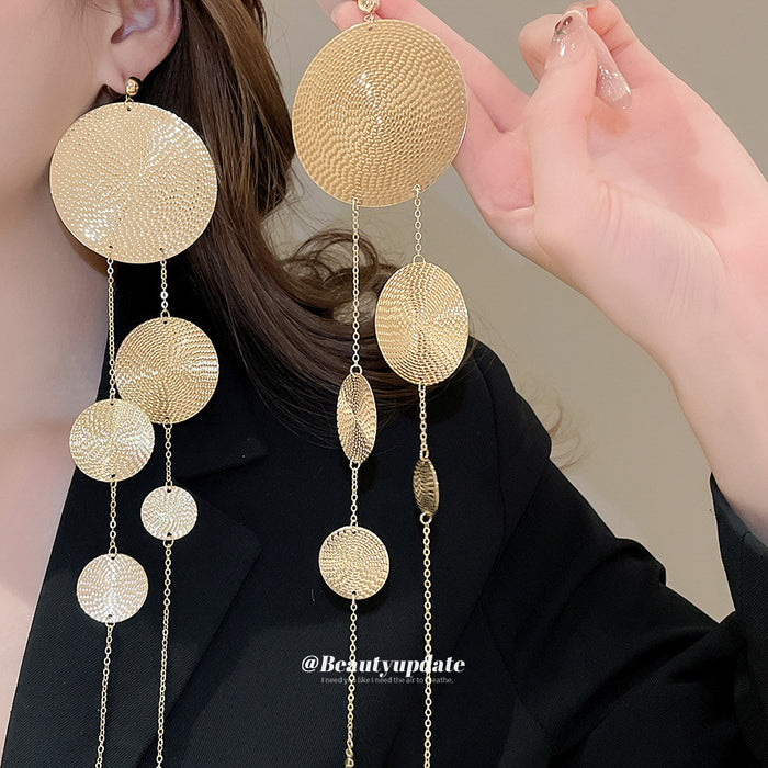 Gold Textured Disc Extra Long Cascade Earrings Jewelry Accessory
