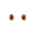 Gold Tone Clear Halo Red Oval Faceted Stone Stud Earrings view 5