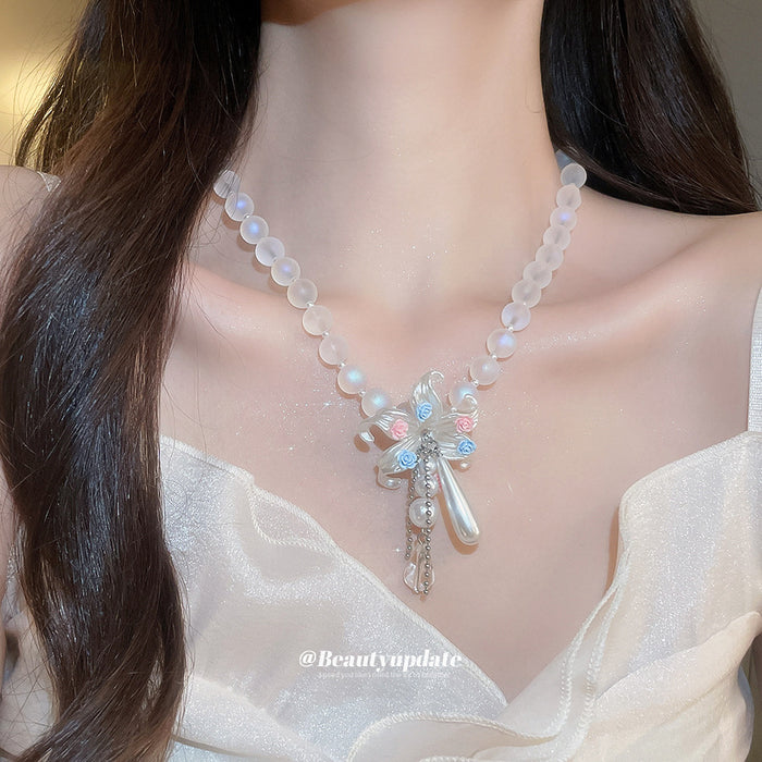 Pastel Beaded Necklace with Floral and Teardrop Pendant Cluster