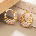 Tricolor Gold Rose Silver Frosted Flower Hoop Ear Clip Pair view 2